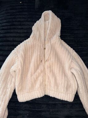 Cream Plush Teddy Zip-Up Hoodie Jacket